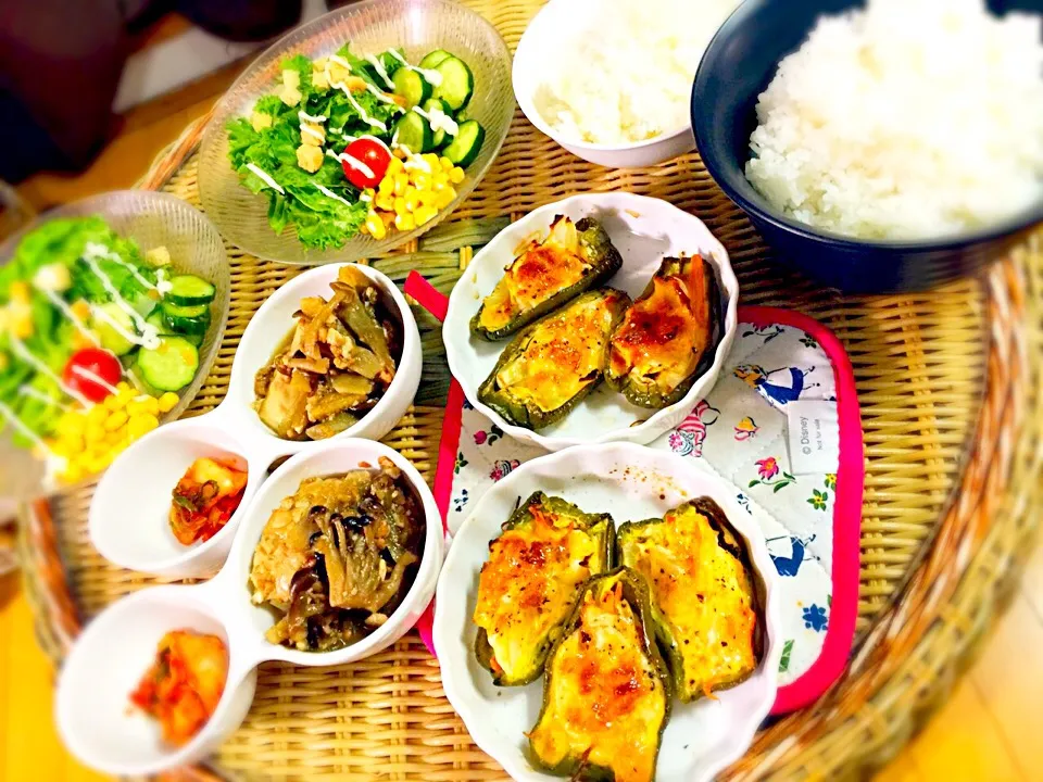 晩ご飯⋆*✪*⋆ฺ｡*

ピーマンキッシュ
肉豆腐
キムチ
お野菜
息子は昔話盛りごはんw|愛さん