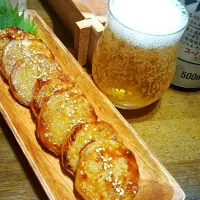 れいちぇるさんの長芋のワサビ醤油照り焼き🍺