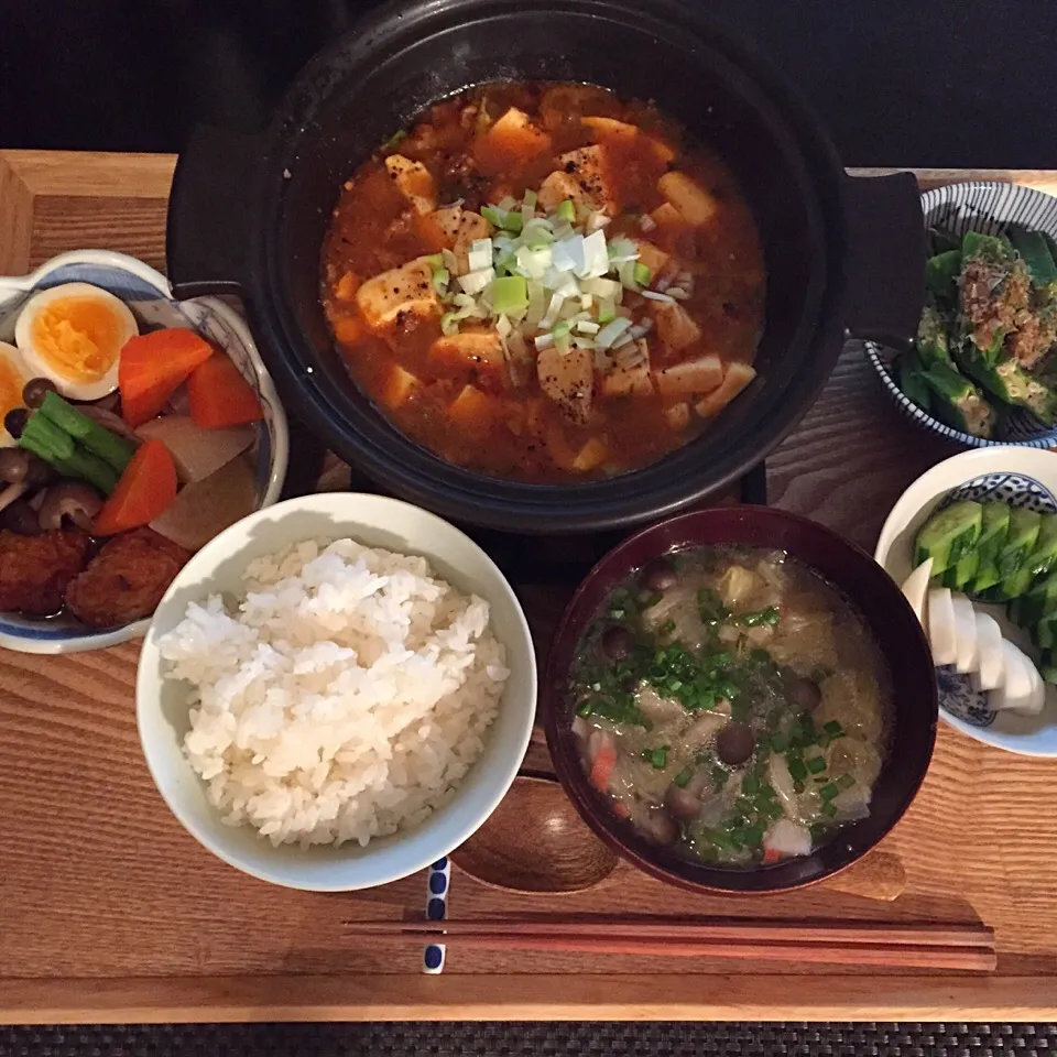 ⭕️土鍋麻婆豆腐
⭕️煮物
⭕️おくらのおひたし
⭕️しめじと白菜のスープ
⭕️きゅうりとカブの浅漬け|ayumiさん