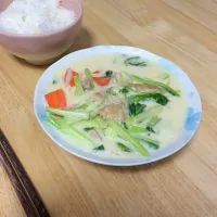 鶏肉と小松菜の白いスープ|びりびりさん