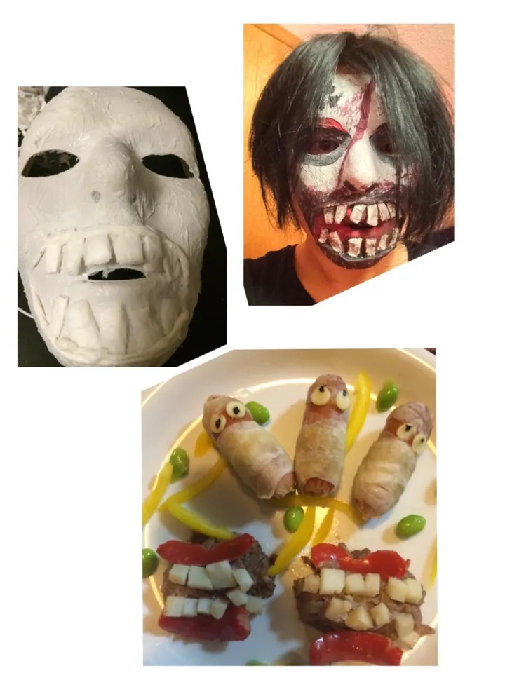 キャナダより、ハロウィンマスク手作りしたと。。負けてらんないから、春巻きミイラと入れ歯ーグを作った！|keicousさん