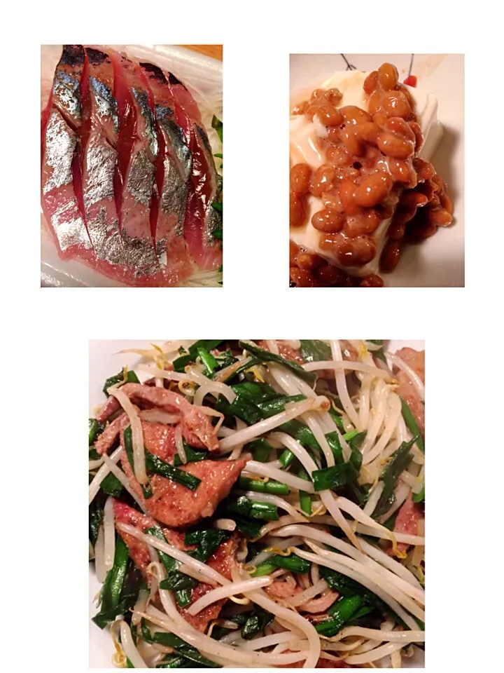 Snapdishの料理写真:夕飯。レバニラ、鯵の刺身、納豆がけ豆腐。|mmmさん