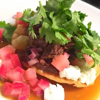 Braised goat tostado, scarlet turnip salsa, chèvre, cilantro|Owen Wolfertzさん