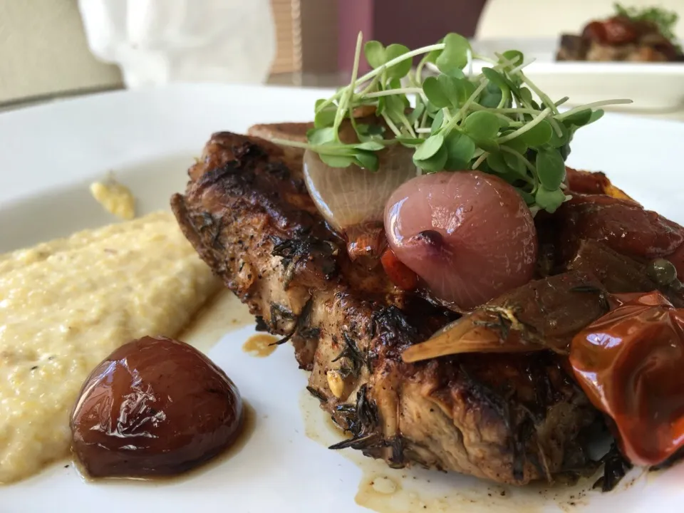 Snapdishの料理写真:Veal Chop with Roasted Shallot and Tomato Vinaigrette ... Soft Polenta|Christine pavelkaさん