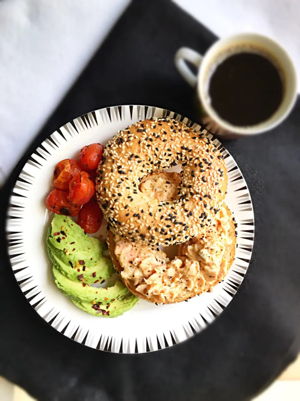 Salmon salad in sesame bagel, avocado, roasted cherry tomatoes, ☕️|coxiella24さん