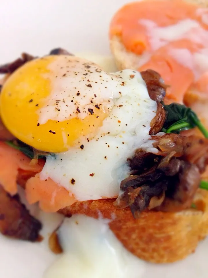 63-degree eggs with smoked salmon and sauteed mushroom and spinach on toasted baguette|karen limさん