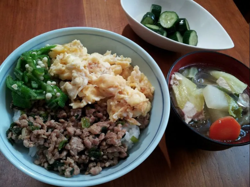 オクラヘルシー三色丼(と一緒に鶏肉と大根のスープ)|reoreoaさん