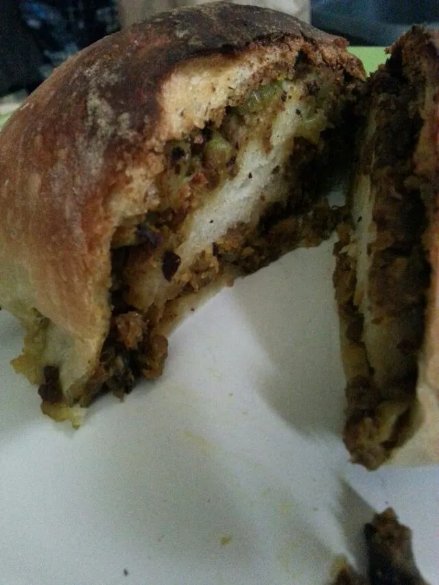 fake meat with onion, celery, and mushroom baked in dough.|Polly Gelfusoさん