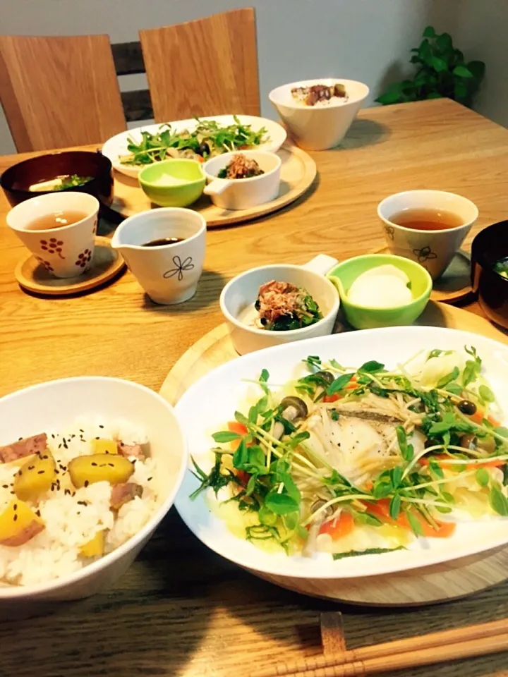 鱈とキノコのレンジ蒸し、安納芋ご飯(*^_^*)|Kaoさん