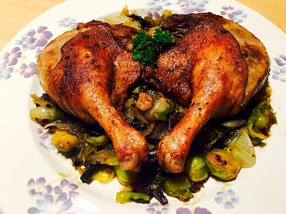 Five spice duck leg with sautéed Brussels sprouts and black trumpet mushrooms|Allisonさん