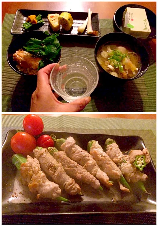 Today's Dinner🍴前菜･枝豆冷奴･鮭おこわ･ｵｸﾗ巻き生姜焼き･ｺﾗｰｹﾞﾝたっぷり牛筋お味噌汁|🌈Ami🍻さん