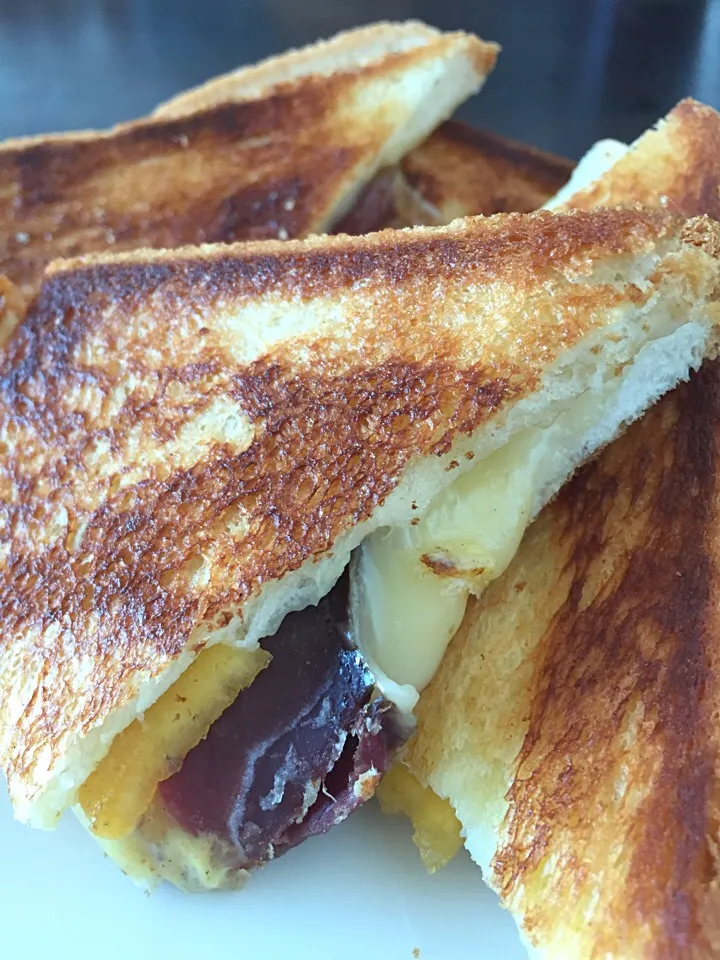 Snapdishの料理写真:Grilled Brie, persimmon, duck prosciutto & mustard sandwich|Chris Shannonさん