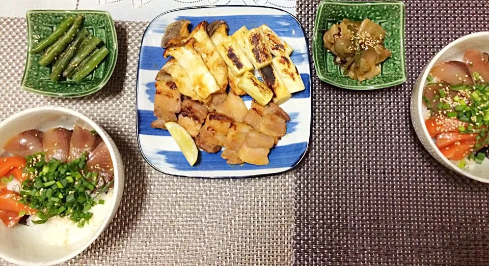 ✴︎漬け丼とろろ✴︎バラ肉の味噌グリル✴︎インゲンの胡麻和え✴︎ザーサイ|Yuuuuuuuさん