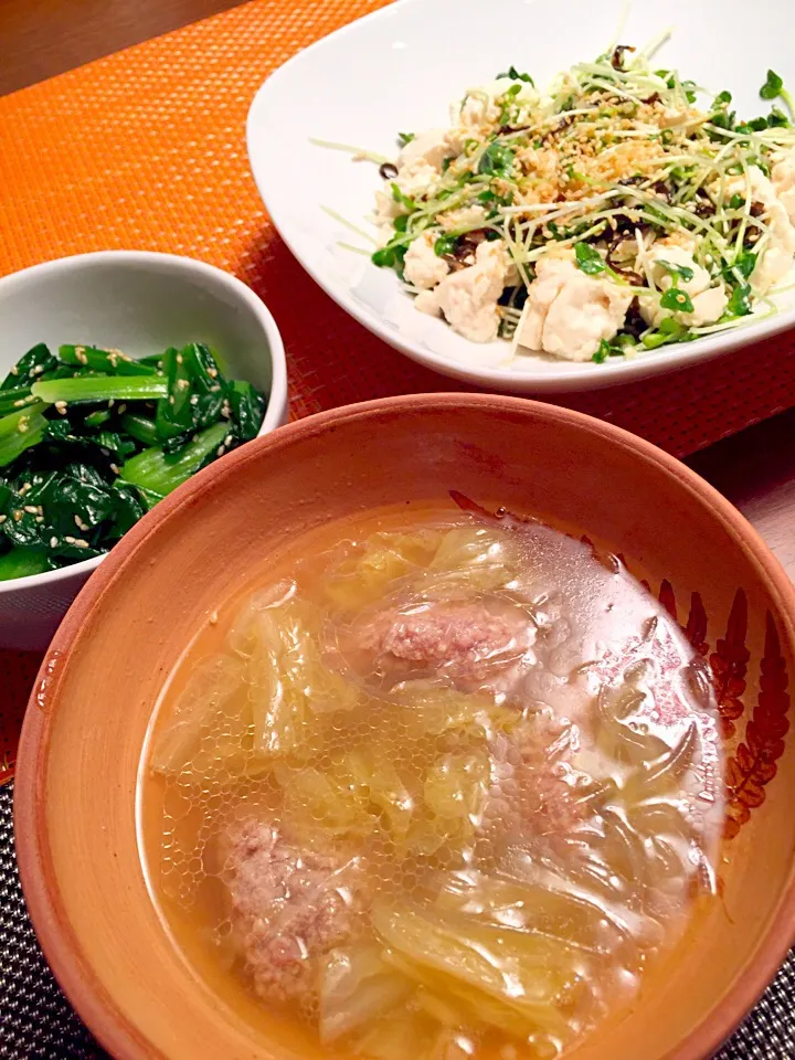 Snapdishの料理写真:晩ご飯☆白菜鶏団子スープ、小松菜ナムル、お豆腐とかいわれサラダ😋|Tomomi Booさん