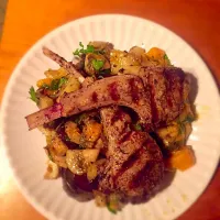 Grilled lamb on top of eggplant, squash and mushroom, garnished with parsley!|Carolina Cholidisさん