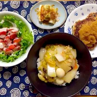 11/6晩御飯
中華丼 和風ハンバーグ 焼きネギ サラダ|sayakaさん