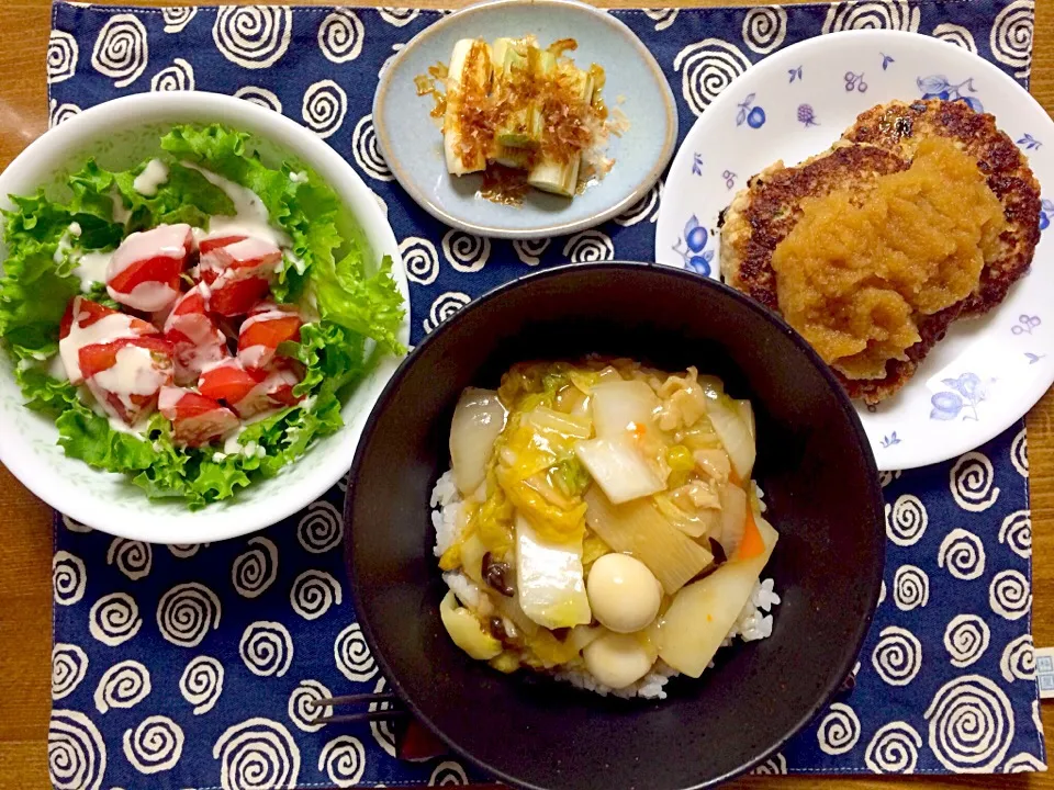 11/6晩御飯
中華丼 和風ハンバーグ 焼きネギ サラダ|sayakaさん