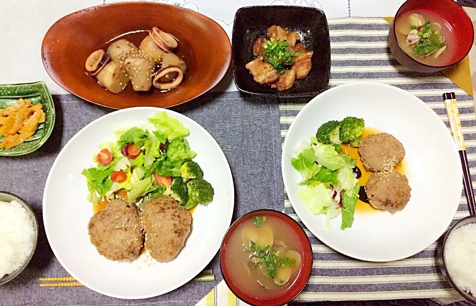 ✴︎和風ハンバーグサラダ添え✴︎里芋とイカの煮物✴︎バラ肉の煮物✴︎あさりの味噌汁|Yuuuuuuuさん