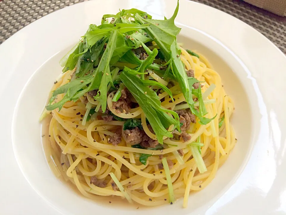 エゾシカひき肉と水菜の黒胡椒風味スパゲティー|makosukefreaksさん
