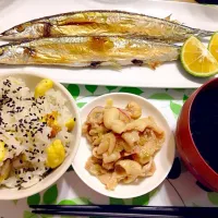 Snapdishの料理写真:秋刀魚・栗ご飯・鶏皮酢の物・お吸い物|☆料理は愛情☆さん