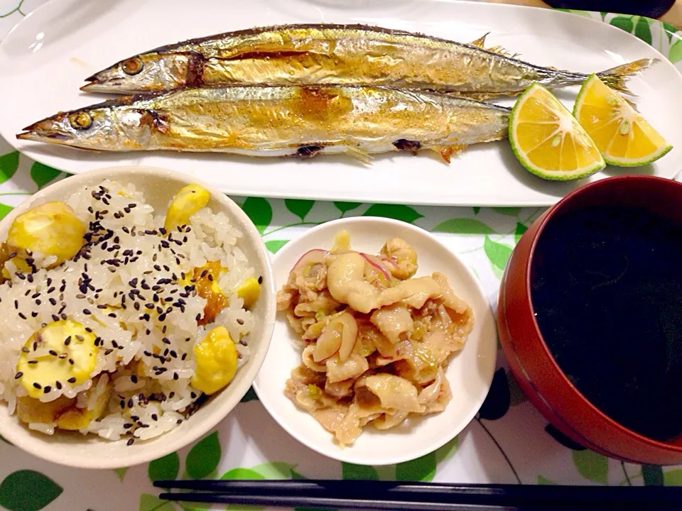 秋刀魚・栗ご飯・鶏皮酢の物・お吸い物|☆料理は愛情☆さん