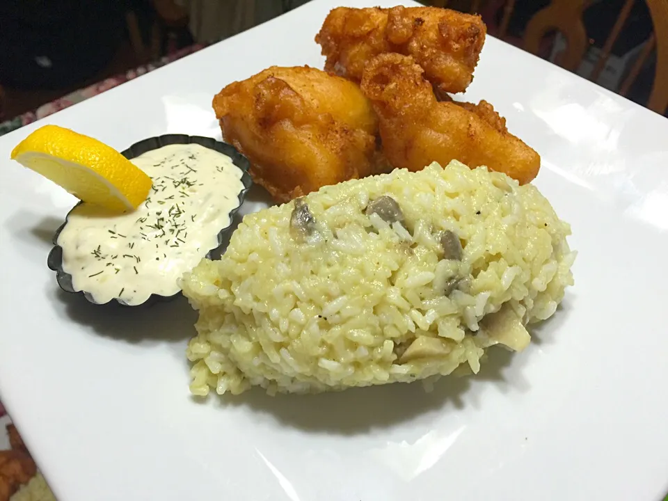 Beer Battered Cod n Mushroom Risotto|Chef Ampさん