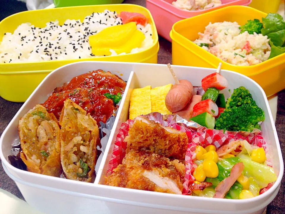 お弁当！！トマト煮込みハンバーグ、春巻き、トンカツ、キャベツとコーンのソテー、たまごやき、ウインナー、カニカマきゅうり、ブロッコリー、ポテトサラダ|ひかるんさん