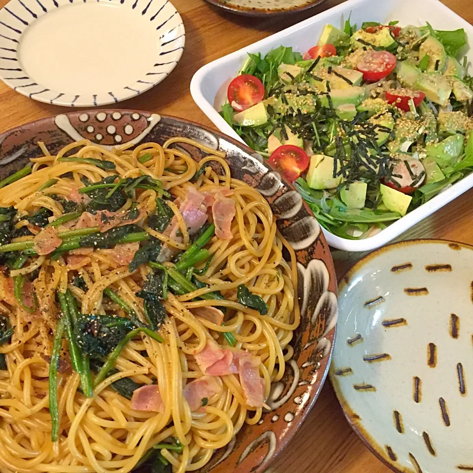 ニンニク大葉醤油 スパゲティ、アボカドと水菜のサラダ|megさん