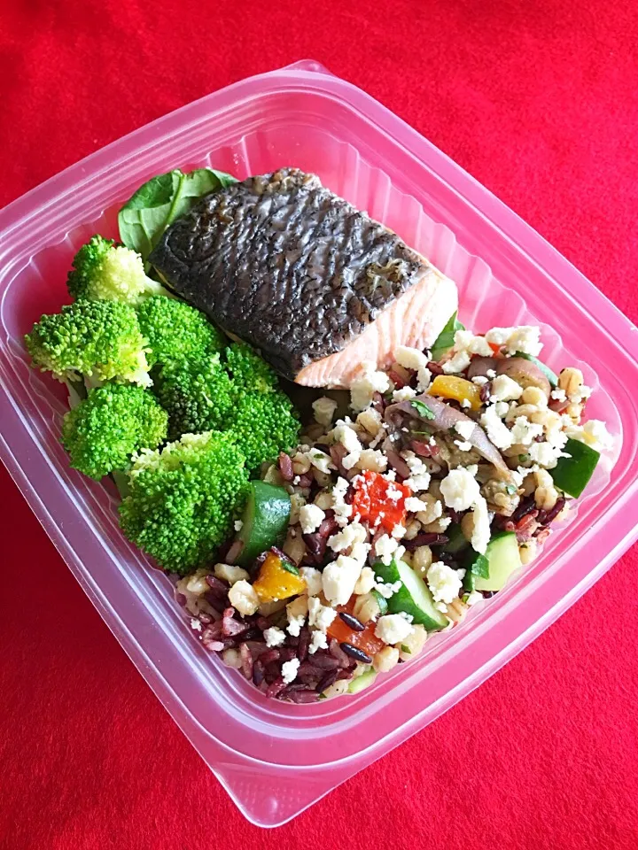 Bento of Greek salad, broccoli & grilled salmon|coxiella24さん