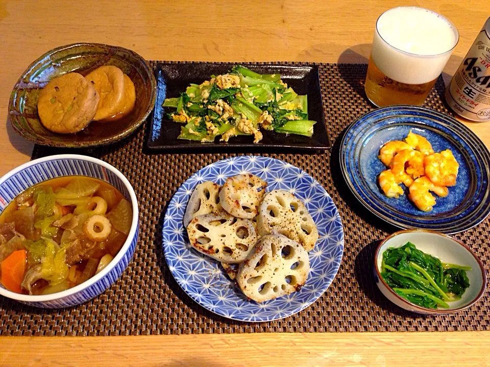 Snapdishの料理写真:お雑煮餅なし、焼きレンコン、冬菜のお浸し、がんも、青梗菜と卵の中華炒め、エビのカレー炒め|Mikiさん