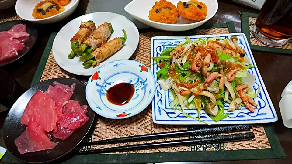 温野菜サラダ&ピーマンの豚肉巻き&椎茸揚げ|まぐろさん