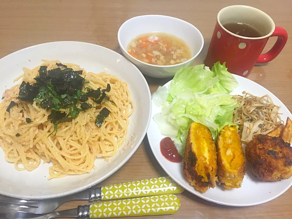 明太子パスタ&かぼちゃのコロッケ|あずきさん