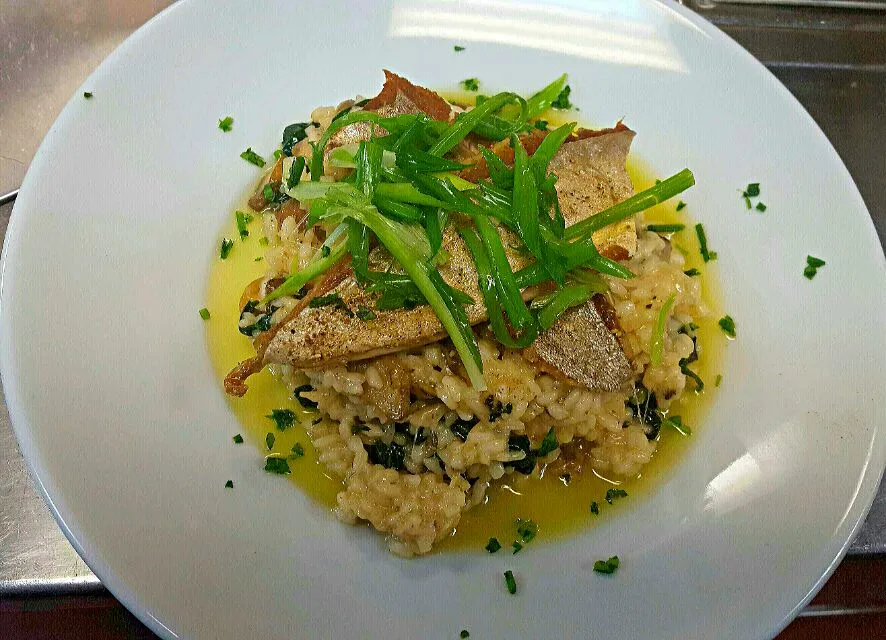 Pan fried pompano filets,served over wild mushroom and spinach risotto|chef Charlesさん