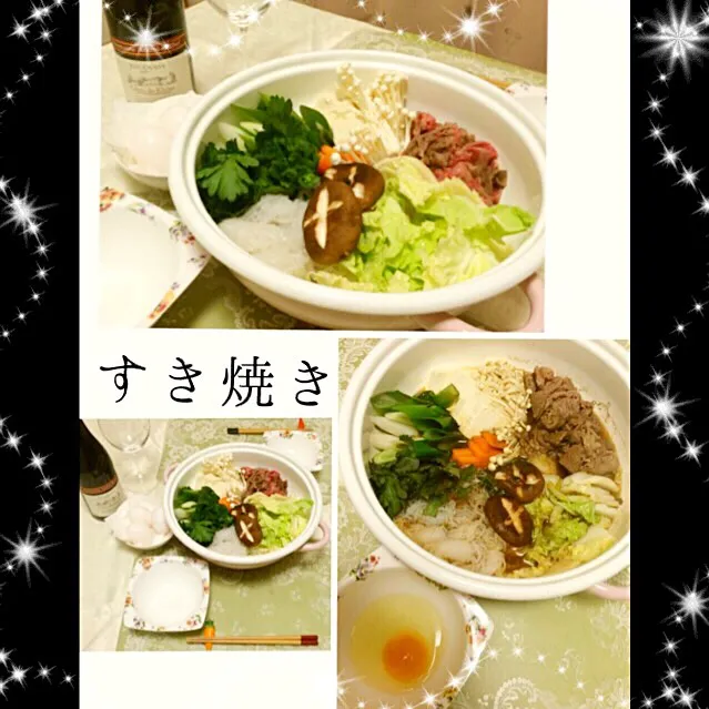 Snapdishの料理写真:すき焼き&赤ワインのお夕食🍲|桜央里さん