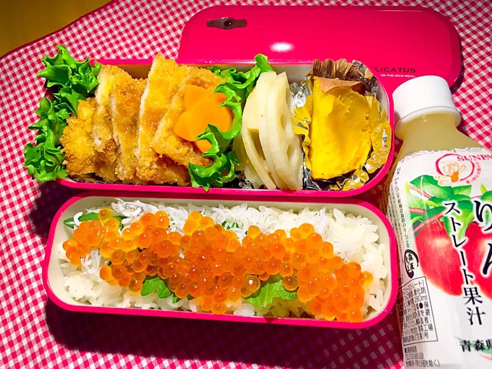 ヒレカツ、酢蓮、安納芋、イクラの食いしん坊弁当❤️|miam miamさん