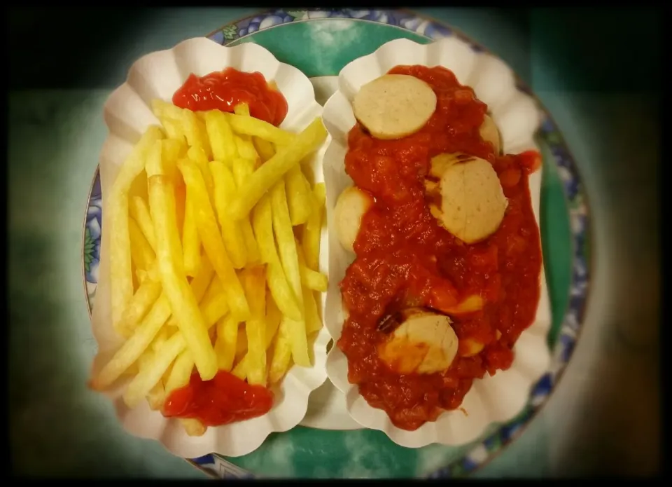 Snapdishの料理写真:selfmade Currywurst with long cooked spicy German curry  sauce and Fries|Najeskaさん