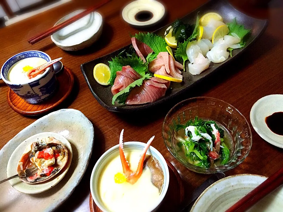 セコ蟹、鰤と鯛の作り、春菊と蟹の酢の物、茶碗蒸し|Shindoさん