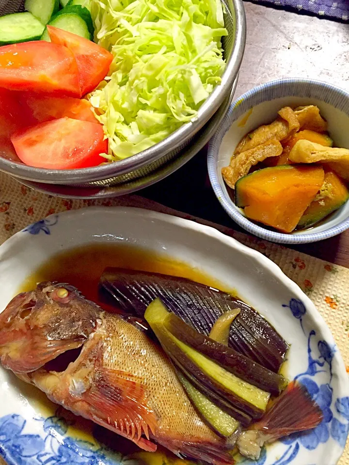 ほごの煮付け 南瓜と揚げの煮物 サラダ|掛谷節子さん