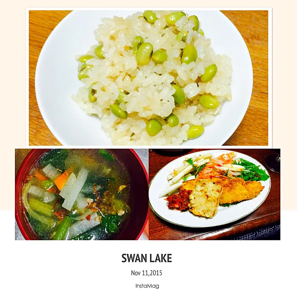 Snapdishの料理写真:Daikon sup
Ca'mame gohan to tempe goreng 
Yasai salad +sambel|habyさん