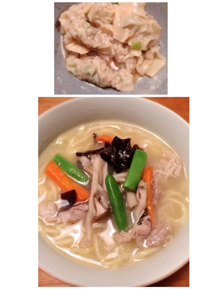 Snapdishの料理写真:昨日の夕飯。娘の習い事ある日はたいてい🍜。冷凍しておいた餃子で水餃子に。子供たちは焼きの方がよかったみたい😅ラ王の塩味うまっ。|mmmさん