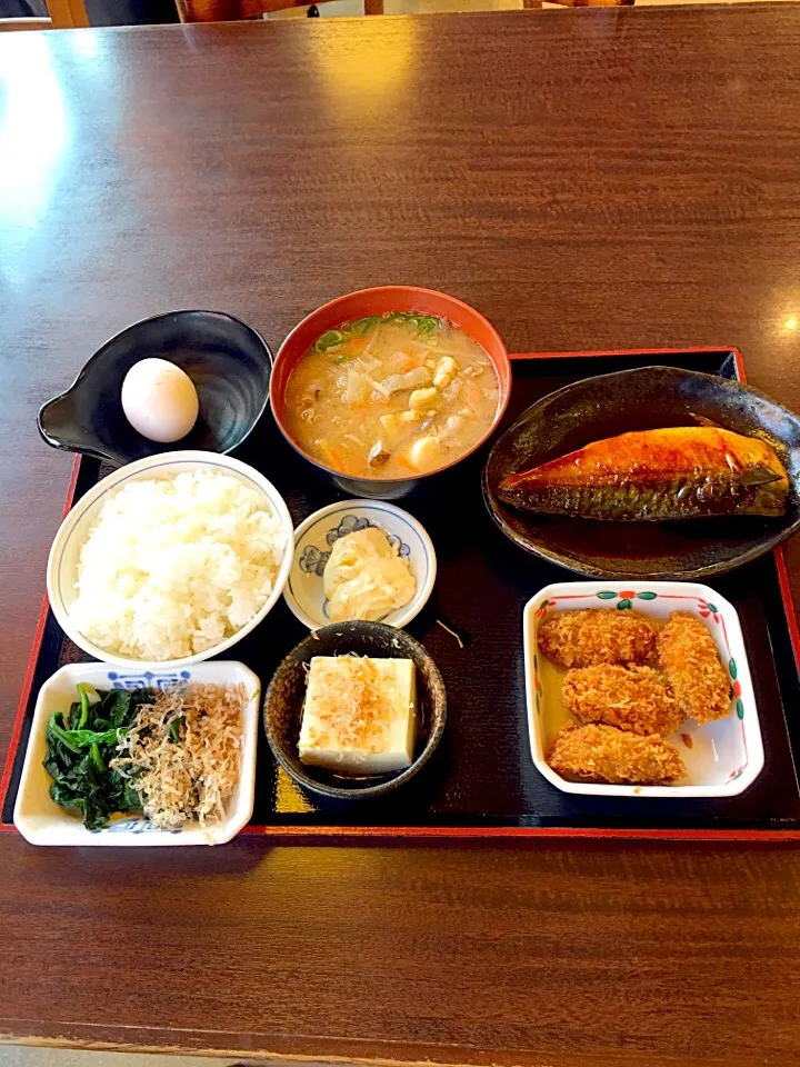 今日は遅めのランチ。「ザめしや」で 「鯖煮／カキフライ／ほうれん草／冷奴／豚汁＆中ごはん」でした。|takamuraさん