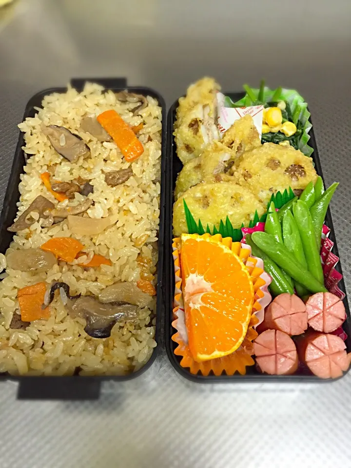 Snapdishの料理写真:高校生男子（蓮根のはさみ揚げ）弁当🍁|じゅごんさん