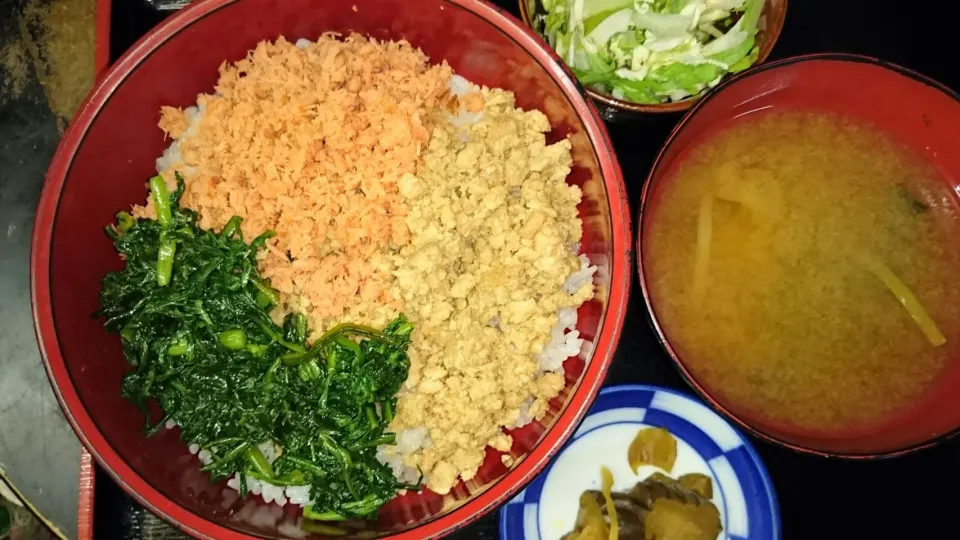 鶏そぼろと鮭フレーク青菜丼|かいさん