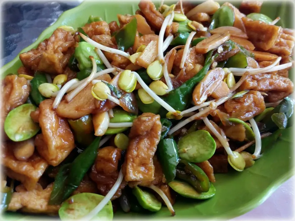 Snapdishの料理写真:Fried Tofu with Ale Beansprout and Stinky Bean|Asti 🌸🌸さん