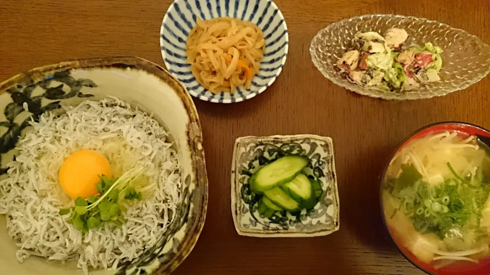 しらす丼、玉ねぎ豆腐えのきのお味噌汁、切り干し大根の煮物、胡瓜の塩麹漬け、タコとレタスのサラダ|アンジェさん