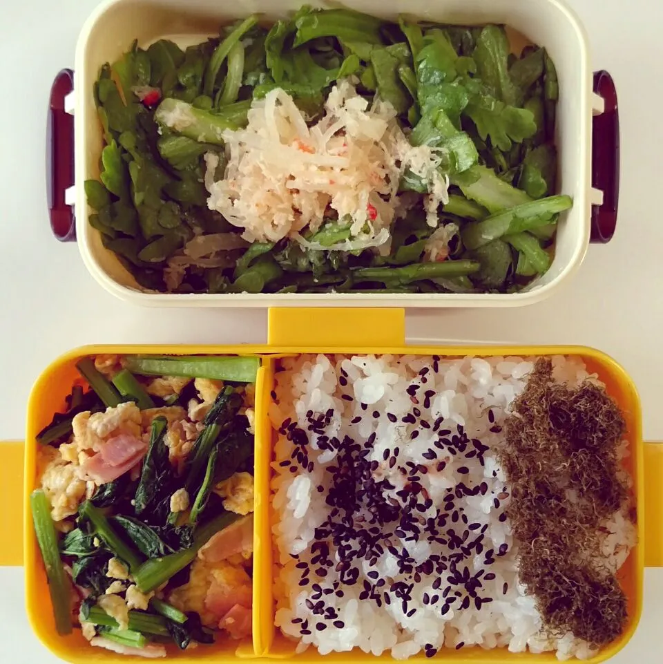 《OLの野菜多め弁当♪》 #お弁当 #野菜 #サラダ #スクランブルエッグ #サラダ春菊 #大根 #蟹缶 #かき菜 #ハム/ソーセージ/ベーコン #黒とろろ昆布|erichiさん