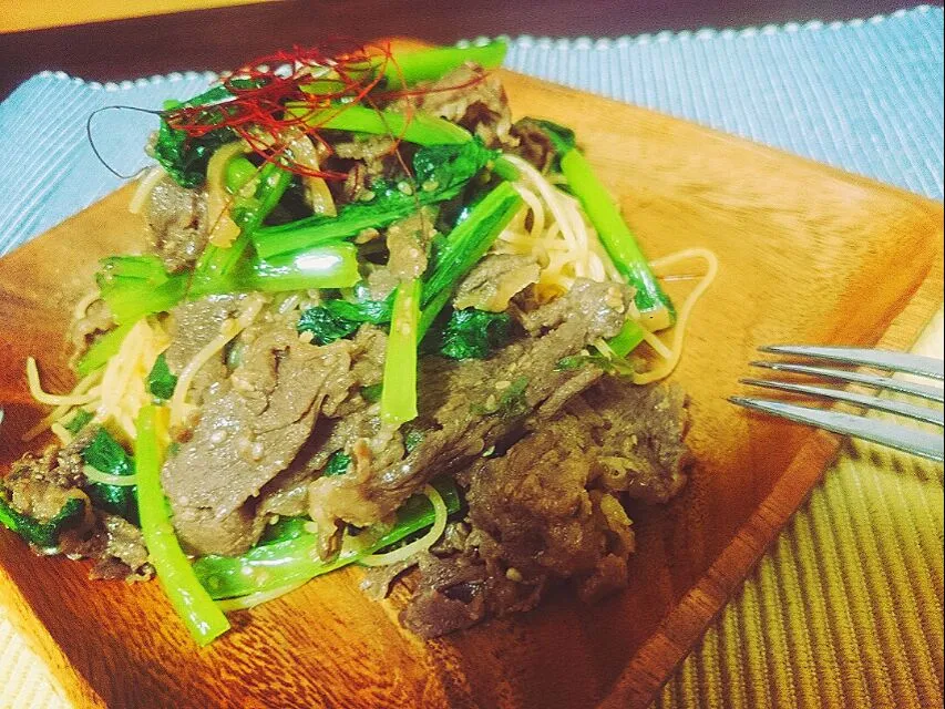 コストコプルコギと小松菜のパスタ🍝🍝🍝|namiさん