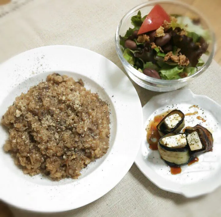 Snapdishの料理写真:『バジル醤油のイタリアン焼き茄子&ポルチーニリゾット』|seri-chanさん