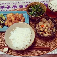 Snapdishの料理写真:かじきの唐揚げ＆ほうれんそうのナムル＆大豆煮|こいこいさん