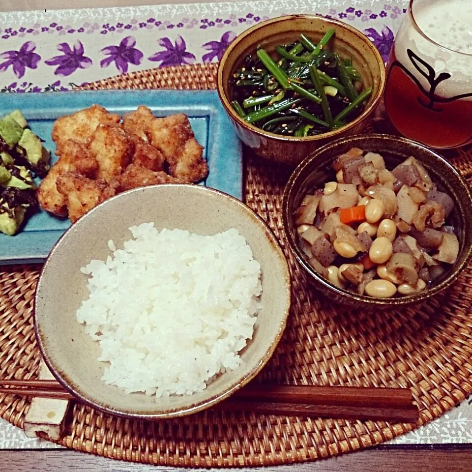 かじきの唐揚げ＆ほうれんそうのナムル＆大豆煮|こいこいさん